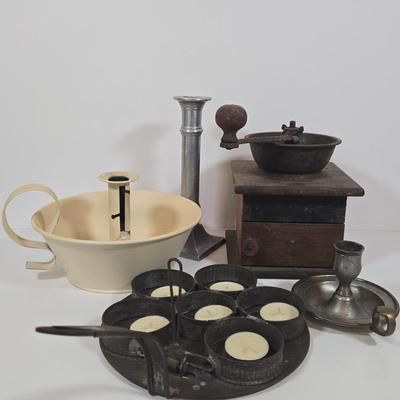 LOT 149: Primitive Tin Antique Poached Egg Maker, Antique Wood and Cast Iron Manuel Coffee Grinder, Chamberstick Candle Holder, and More