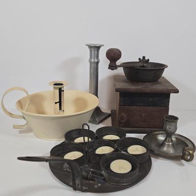 LOT 149: Primitive Tin Antique Poached Egg Maker, Antique Wood and Cast Iron Manuel Coffee Grinder, Chamberstick Candle Holder, and More