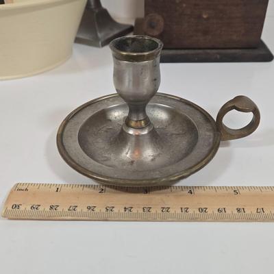 LOT 149: Primitive Tin Antique Poached Egg Maker, Antique Wood and Cast Iron Manuel Coffee Grinder, Chamberstick Candle Holder, and More