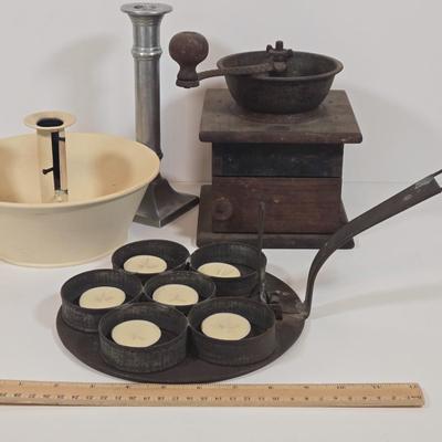 LOT 149: Primitive Tin Antique Poached Egg Maker, Antique Wood and Cast Iron Manuel Coffee Grinder, Chamberstick Candle Holder, and More