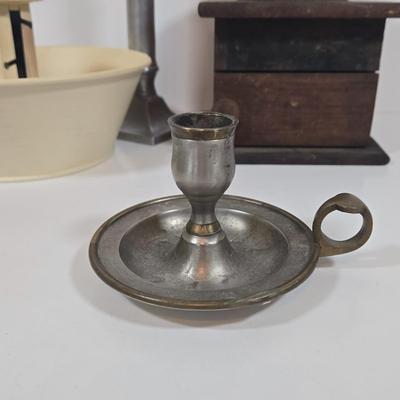 LOT 149: Primitive Tin Antique Poached Egg Maker, Antique Wood and Cast Iron Manuel Coffee Grinder, Chamberstick Candle Holder, and More