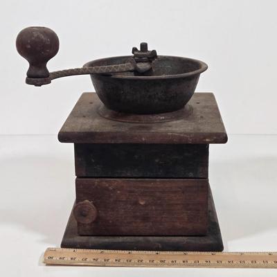 LOT 149: Primitive Tin Antique Poached Egg Maker, Antique Wood and Cast Iron Manuel Coffee Grinder, Chamberstick Candle Holder, and More