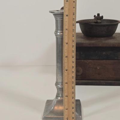 LOT 149: Primitive Tin Antique Poached Egg Maker, Antique Wood and Cast Iron Manuel Coffee Grinder, Chamberstick Candle Holder, and More