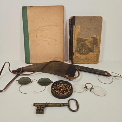 LOT 152: The National Third Reader by Parker & Watson Antique Book, Antique Musket Percussion Caps in Tin Container, Antique Pince...