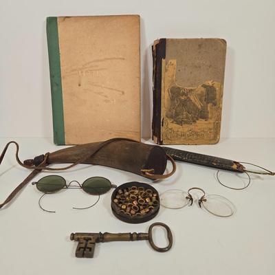 LOT 152: The National Third Reader by Parker & Watson Antique Book, Antique Musket Percussion Caps in Tin Container, Antique Pince...