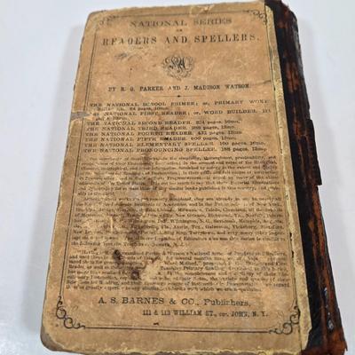 LOT 152: The National Third Reader by Parker & Watson Antique Book, Antique Musket Percussion Caps in Tin Container, Antique Pince...