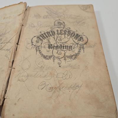 LOT 152: The National Third Reader by Parker & Watson Antique Book, Antique Musket Percussion Caps in Tin Container, Antique Pince...