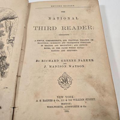 LOT 152: The National Third Reader by Parker & Watson Antique Book, Antique Musket Percussion Caps in Tin Container, Antique Pince...