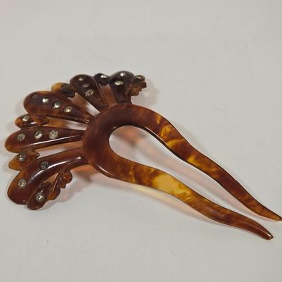 LOT 155: Vintage Faux Tortoise Shell Celluloid Spanish Mantilla Style Comb with Rhinestones, Antique Daguerreotype with Photo, Art Deco...