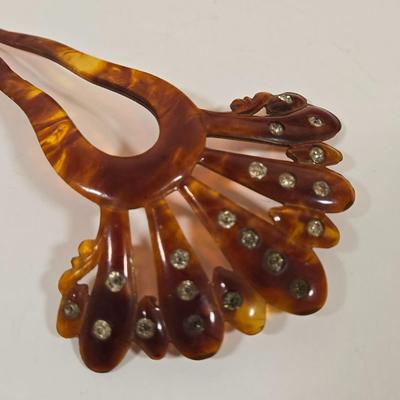 LOT 155: Vintage Faux Tortoise Shell Celluloid Spanish Mantilla Style Comb with Rhinestones, Antique Daguerreotype with Photo, Art Deco...