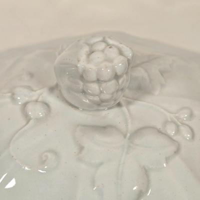 LOT 157: Faux Vegetables in Metal Basket, Ironstone Tureen, and Loucarte Portugal Ceramic Basket Weave Design Serving Platter