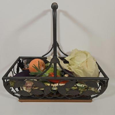 LOT 157: Faux Vegetables in Metal Basket, Ironstone Tureen, and Loucarte Portugal Ceramic Basket Weave Design Serving Platter