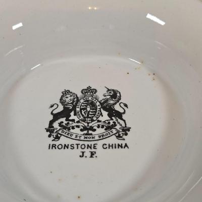 LOT 157: Faux Vegetables in Metal Basket, Ironstone Tureen, and Loucarte Portugal Ceramic Basket Weave Design Serving Platter