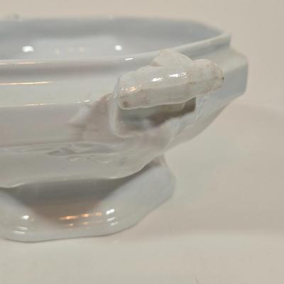 LOT 157: Faux Vegetables in Metal Basket, Ironstone Tureen, and Loucarte Portugal Ceramic Basket Weave Design Serving Platter