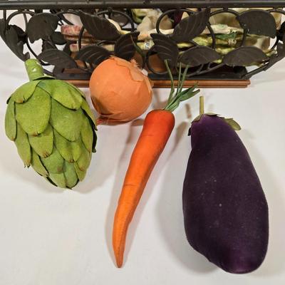 LOT 157: Faux Vegetables in Metal Basket, Ironstone Tureen, and Loucarte Portugal Ceramic Basket Weave Design Serving Platter