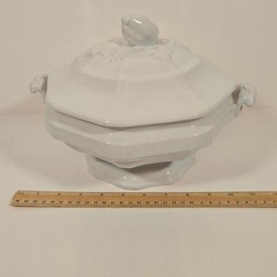 LOT 157: Faux Vegetables in Metal Basket, Ironstone Tureen, and Loucarte Portugal Ceramic Basket Weave Design Serving Platter