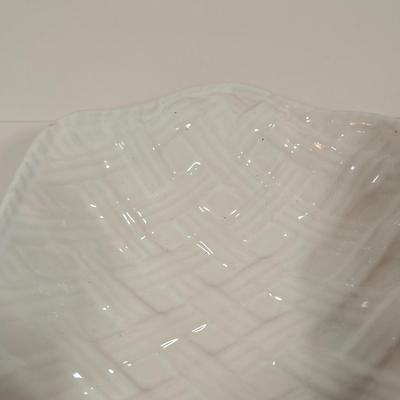 LOT 157: Faux Vegetables in Metal Basket, Ironstone Tureen, and Loucarte Portugal Ceramic Basket Weave Design Serving Platter