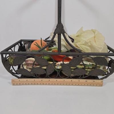 LOT 157: Faux Vegetables in Metal Basket, Ironstone Tureen, and Loucarte Portugal Ceramic Basket Weave Design Serving Platter