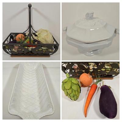 LOT 157: Faux Vegetables in Metal Basket, Ironstone Tureen, and Loucarte Portugal Ceramic Basket Weave Design Serving Platter
