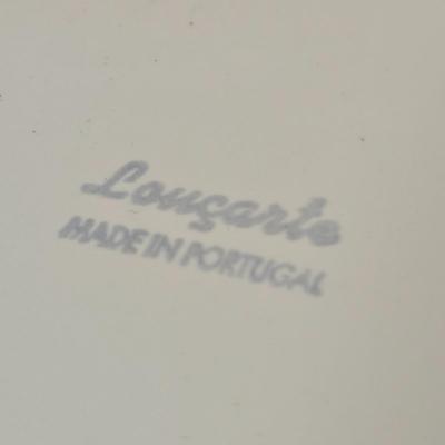 LOT 157: Faux Vegetables in Metal Basket, Ironstone Tureen, and Loucarte Portugal Ceramic Basket Weave Design Serving Platter