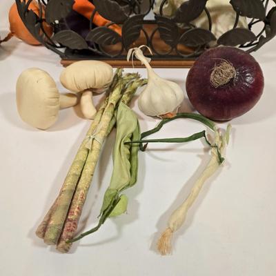 LOT 157: Faux Vegetables in Metal Basket, Ironstone Tureen, and Loucarte Portugal Ceramic Basket Weave Design Serving Platter