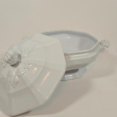 LOT 157: Faux Vegetables in Metal Basket, Ironstone Tureen, and Loucarte Portugal Ceramic Basket Weave Design Serving Platter