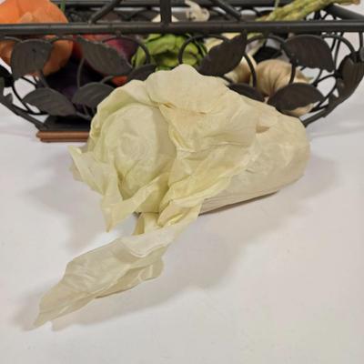 LOT 157: Faux Vegetables in Metal Basket, Ironstone Tureen, and Loucarte Portugal Ceramic Basket Weave Design Serving Platter