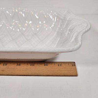 LOT 157: Faux Vegetables in Metal Basket, Ironstone Tureen, and Loucarte Portugal Ceramic Basket Weave Design Serving Platter