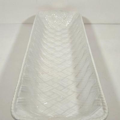 LOT 157: Faux Vegetables in Metal Basket, Ironstone Tureen, and Loucarte Portugal Ceramic Basket Weave Design Serving Platter