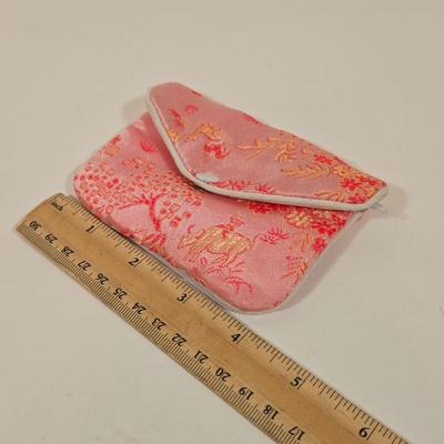 LOT 158: Joy Mangano Leopard Print Jewelry Organizer Zip Carry Case Travel and Storage, Two Vintage Traveling Silk Jewerly Bags and Coin...