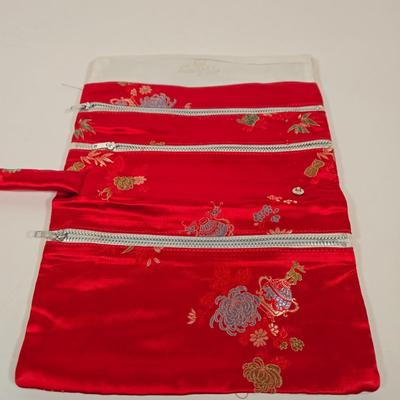 LOT 158: Joy Mangano Leopard Print Jewelry Organizer Zip Carry Case Travel and Storage, Two Vintage Traveling Silk Jewerly Bags and Coin...