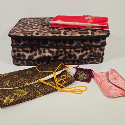 LOT 158: Joy Mangano Leopard Print Jewelry Organizer Zip Carry Case Travel and Storage, Two Vintage Traveling Silk Jewerly Bags and Coin...