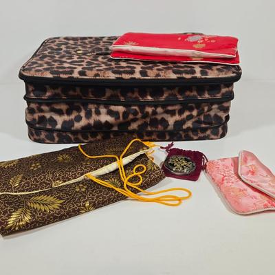 LOT 158: Joy Mangano Leopard Print Jewelry Organizer Zip Carry Case Travel and Storage, Two Vintage Traveling Silk Jewerly Bags and Coin...