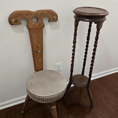 LOT 161: Vintage Wood Spinning Chair with a Decorative Stenciled Fiddle-back and Corduroy Cushion and Victorian Wooden Twist Plant Stand