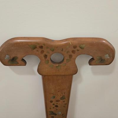 LOT 161: Vintage Wood Spinning Chair with a Decorative Stenciled Fiddle-back and Corduroy Cushion and Victorian Wooden Twist Plant Stand