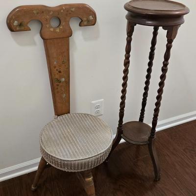 LOT 161: Vintage Wood Spinning Chair with a Decorative Stenciled Fiddle-back and Corduroy Cushion and Victorian Wooden Twist Plant Stand