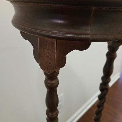 LOT 161: Vintage Wood Spinning Chair with a Decorative Stenciled Fiddle-back and Corduroy Cushion and Victorian Wooden Twist Plant Stand