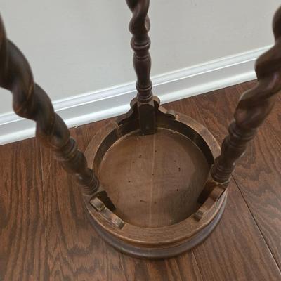 LOT 161: Vintage Wood Spinning Chair with a Decorative Stenciled Fiddle-back and Corduroy Cushion and Victorian Wooden Twist Plant Stand