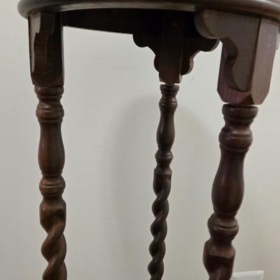 LOT 161: Vintage Wood Spinning Chair with a Decorative Stenciled Fiddle-back and Corduroy Cushion and Victorian Wooden Twist Plant Stand