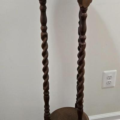 LOT 161: Vintage Wood Spinning Chair with a Decorative Stenciled Fiddle-back and Corduroy Cushion and Victorian Wooden Twist Plant Stand