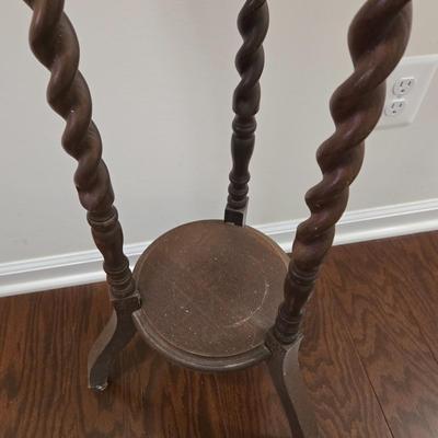 LOT 161: Vintage Wood Spinning Chair with a Decorative Stenciled Fiddle-back and Corduroy Cushion and Victorian Wooden Twist Plant Stand
