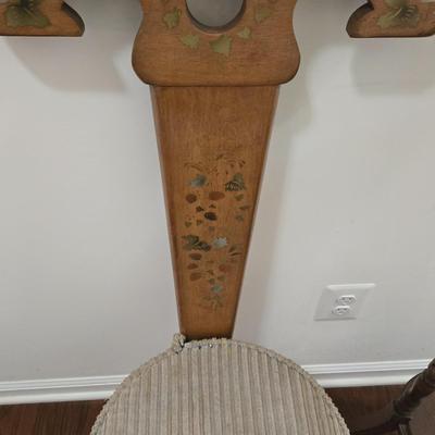 LOT 161: Vintage Wood Spinning Chair with a Decorative Stenciled Fiddle-back and Corduroy Cushion and Victorian Wooden Twist Plant Stand