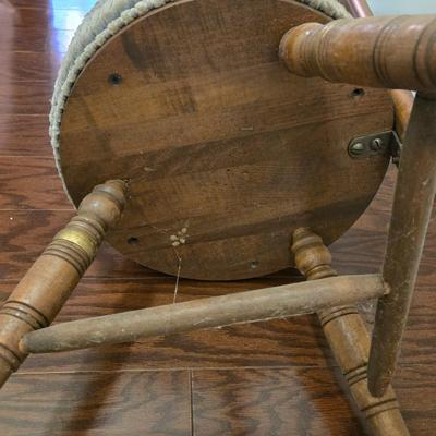 LOT 161: Vintage Wood Spinning Chair with a Decorative Stenciled Fiddle-back and Corduroy Cushion and Victorian Wooden Twist Plant Stand
