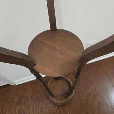 LOT 161: Vintage Wood Spinning Chair with a Decorative Stenciled Fiddle-back and Corduroy Cushion and Victorian Wooden Twist Plant Stand