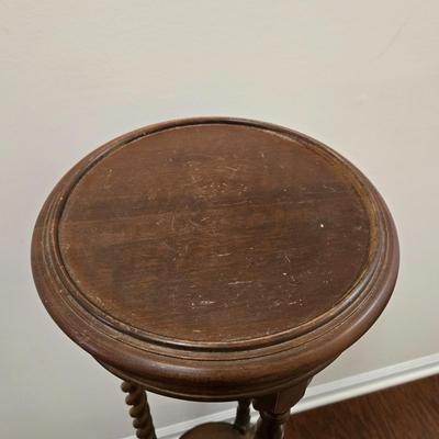 LOT 161: Vintage Wood Spinning Chair with a Decorative Stenciled Fiddle-back and Corduroy Cushion and Victorian Wooden Twist Plant Stand