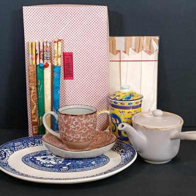 LOT 169: Folded Paper Fish Mobile, Dragon Tea Cup with Infuser & More