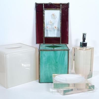 LOT 171: Stained Glass Tissue Box and Window Ornament with Vintage Acrylic Bathroom Set