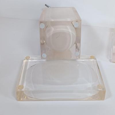 LOT 171: Stained Glass Tissue Box and Window Ornament with Vintage Acrylic Bathroom Set