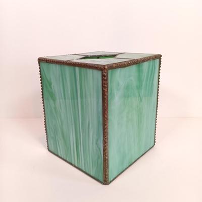 LOT 171: Stained Glass Tissue Box and Window Ornament with Vintage Acrylic Bathroom Set