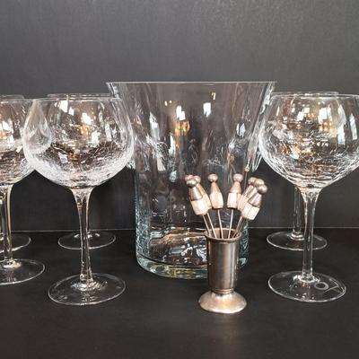 LOT 176: Mother of Pearl Hor D'oeuvre Picks, Crackle Wine Glasses & Ice Bucket